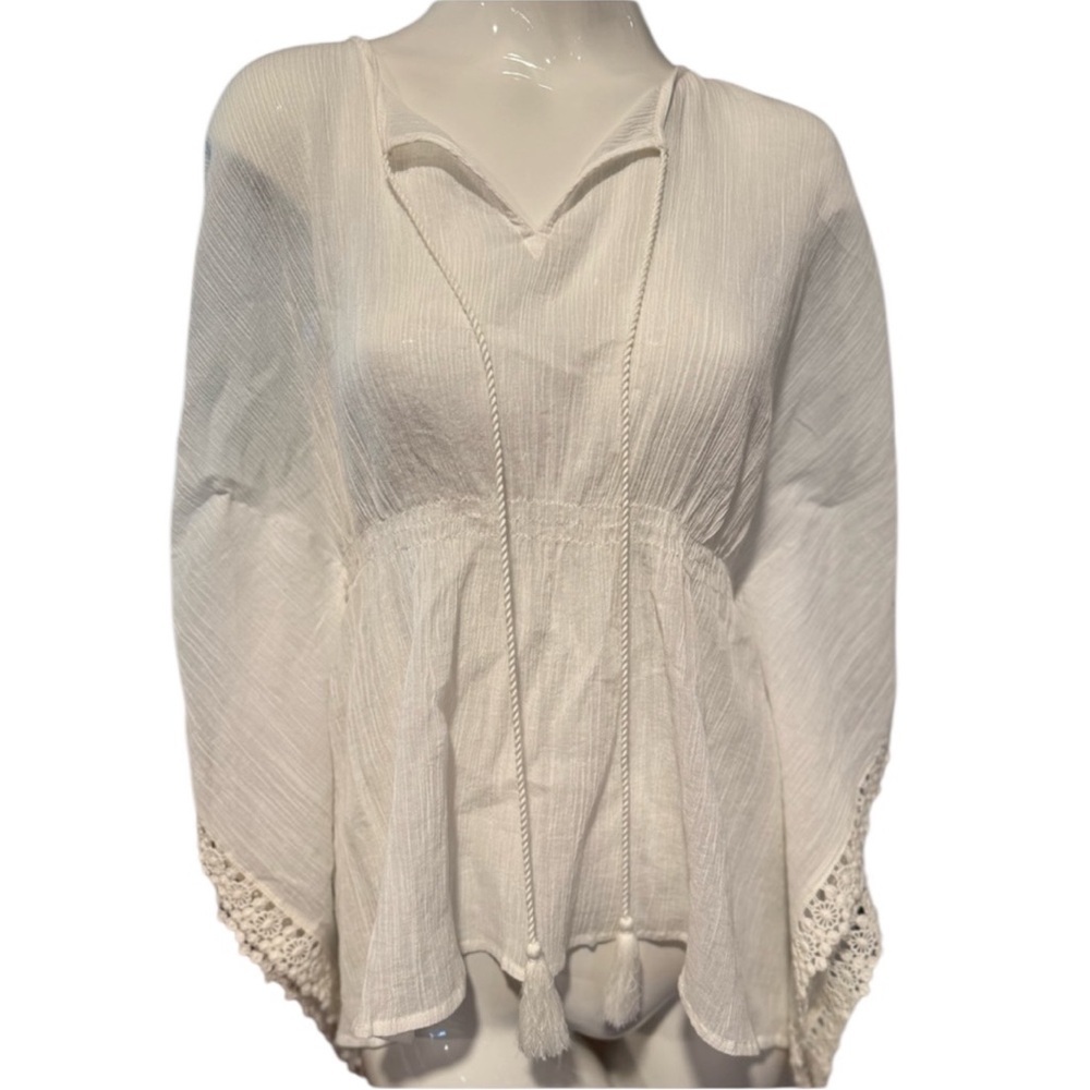 Loft Womens Top White with empire waist Size XS/S hanging tassels NWTS